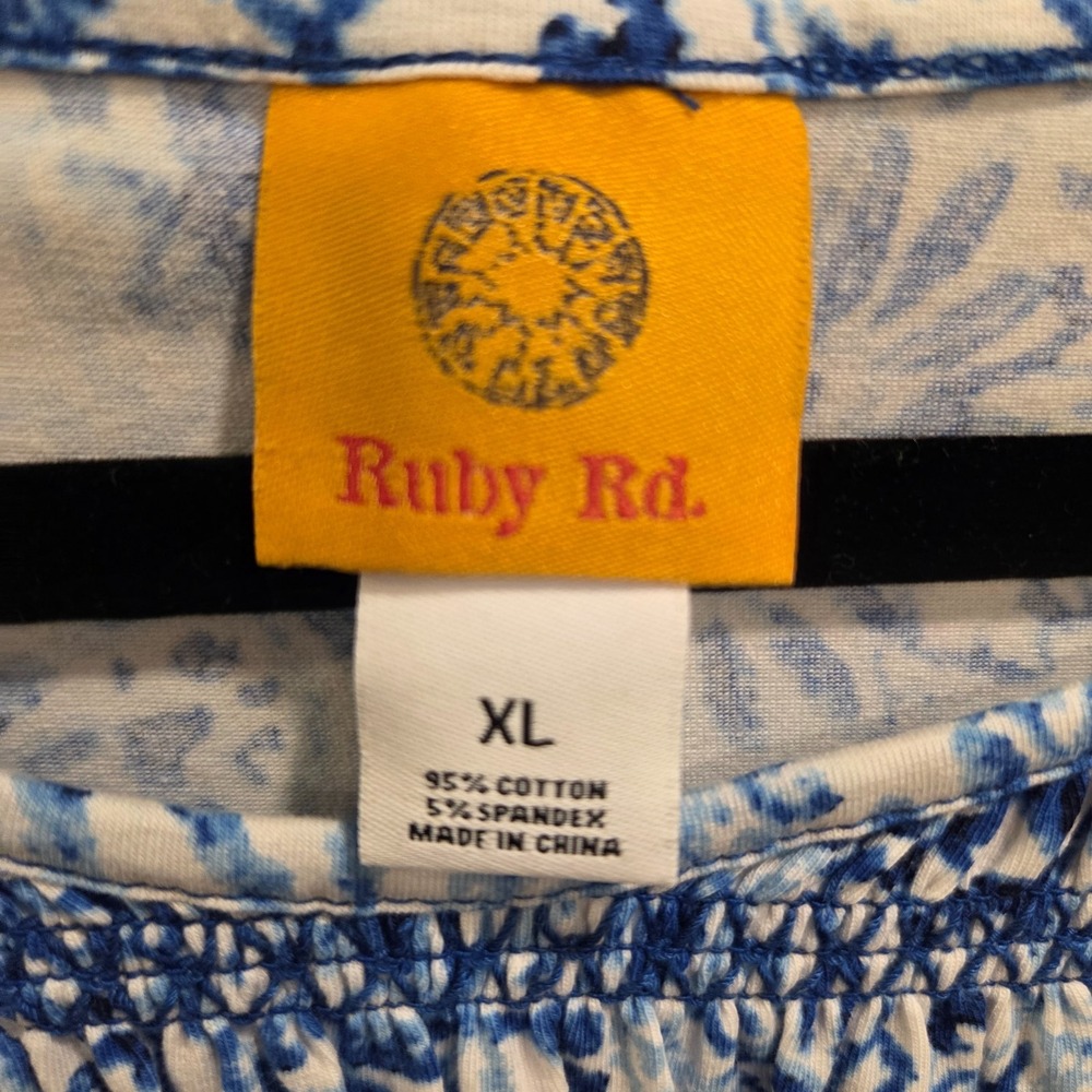 Ruby Rd. Blue and White Paisley Smocked Neck Cutout Blouse - Picture 4 of 7